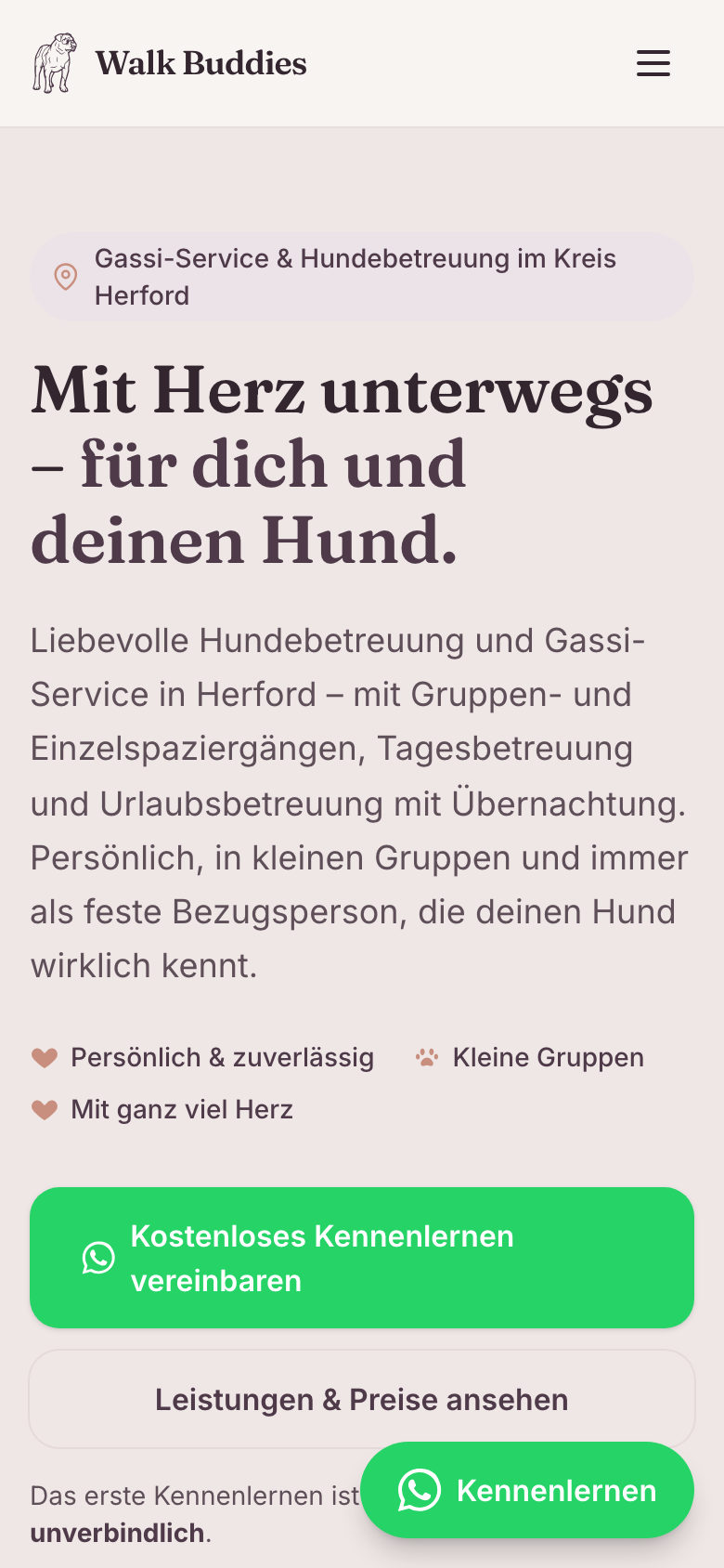 Startseite von Walk Buddies auf dem Smartphone mit WhatsApp-Schaltfläche für das Kennenlernen